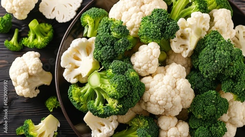 Crisp and vibrant bowl of fresh broccoli and cauliflower perfectly arranged for a healthy and colorful meal
