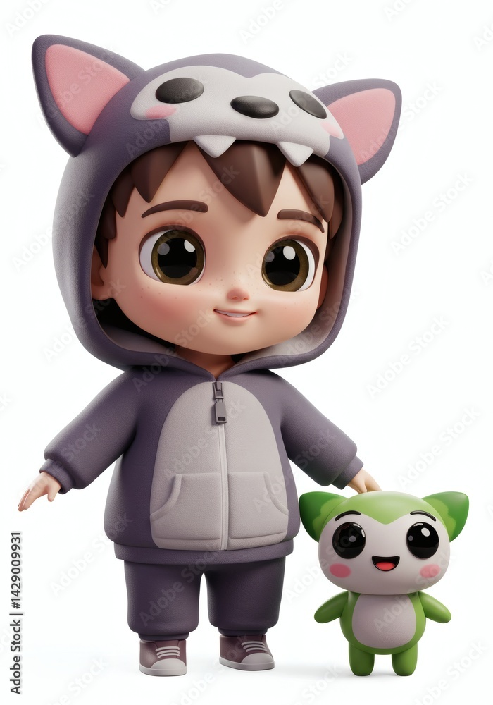 Fototapeta premium Adorable Cartoon Boy in Wolf Costume with a Cute Green Companion Character