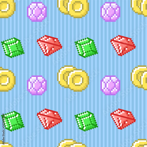 Seamless game pattern of gemstones of different colors in pixel style on blue background