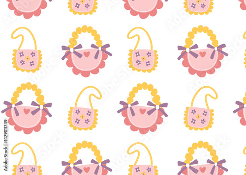 Seamless pattern with pastel girly purses and handbags. Hand drawn cartoon accessories with bows, frills, and flowers. Vector background for fabric, packaging, or kids’ design. 