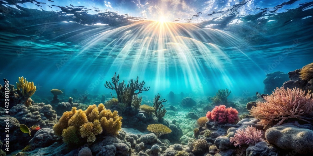 Fototapeta premium Sunbeams Illuminate Vibrant Underwater Coral Reef Ecosystem with Diverse Marine Life