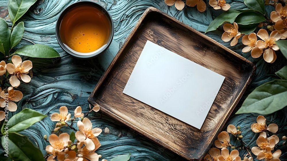 A simple wooden tray with a blank white gift card and tea offering