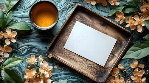 Obraz na płótnie A simple wooden tray with a blank white gift card and tea offering w salonie
