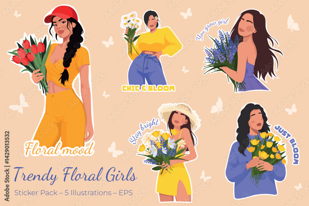 Set of stylish floral girl stickers with inspirational quotes. Elegant women in trendy outfits with flowers. Editable vector, grouped elements, perfect for print or digital use.