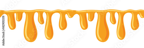 A seamless vector border featuring dripping honey drops, showcasing the golden richness and glossy texture of honey. This design adds a sweet, natural touch, perfect for labels, backgrounds, or