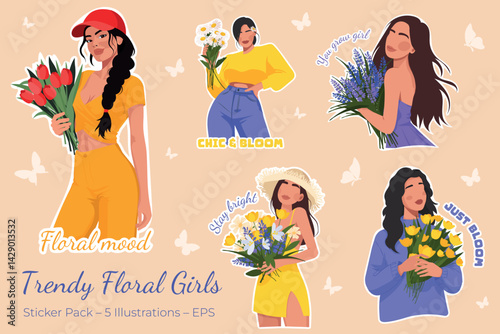 Obraz na płótnie Set of stylish floral girl stickers with inspirational quotes. Elegant women in trendy outfits with flowers. Editable vector, grouped elements, perfect for print or digital use. w salonie