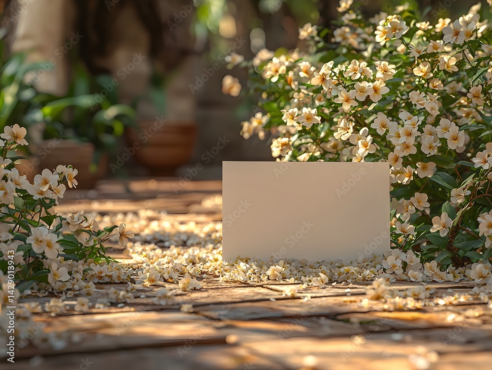 Blank white card on a flower lined path in a serene temple courtyard