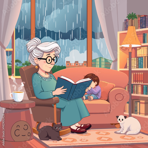 Grandmother Reading to Grandchild with Cats in a Warm Living Room