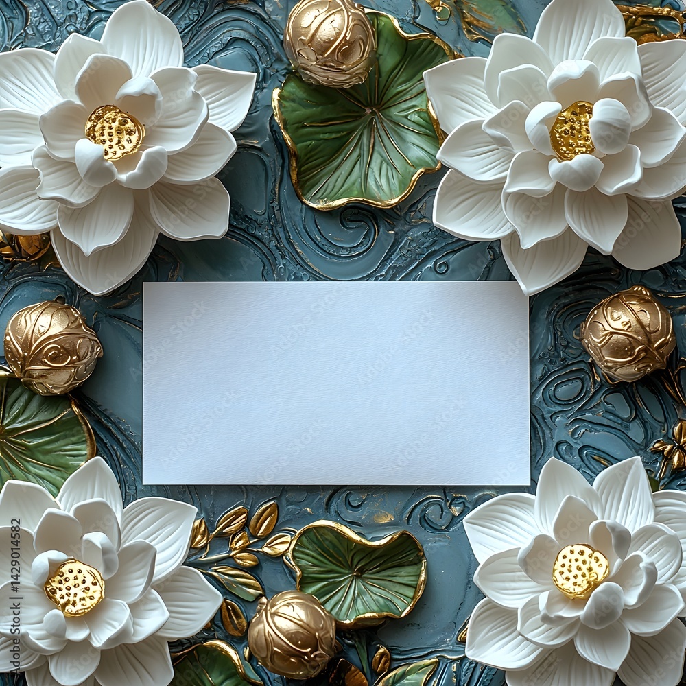 Blank white gift card among white lotus and golden ornaments