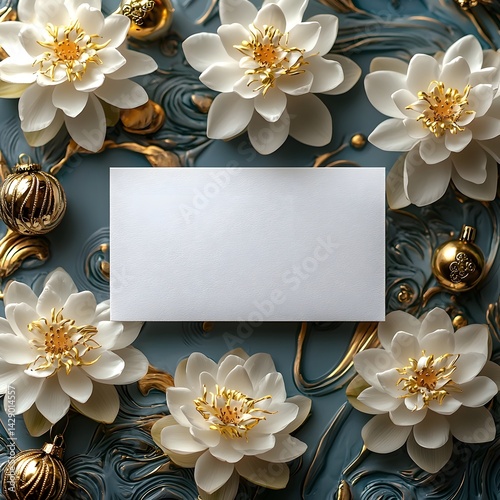 Obraz na płótnie A blank white gift card among an arrangement of pure white lotuses and golden ornaments w salonie