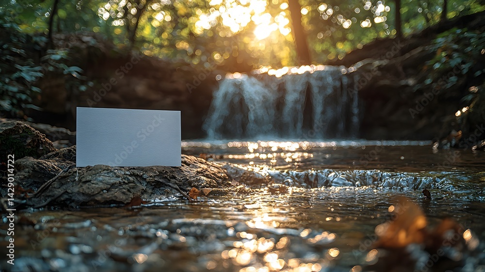 Tranquil waterfall in a serene forest with a blank gift card