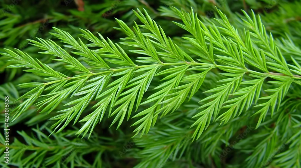 Fototapeta premium Vibrant Green Conifer Branch Closeup Detailed Texture