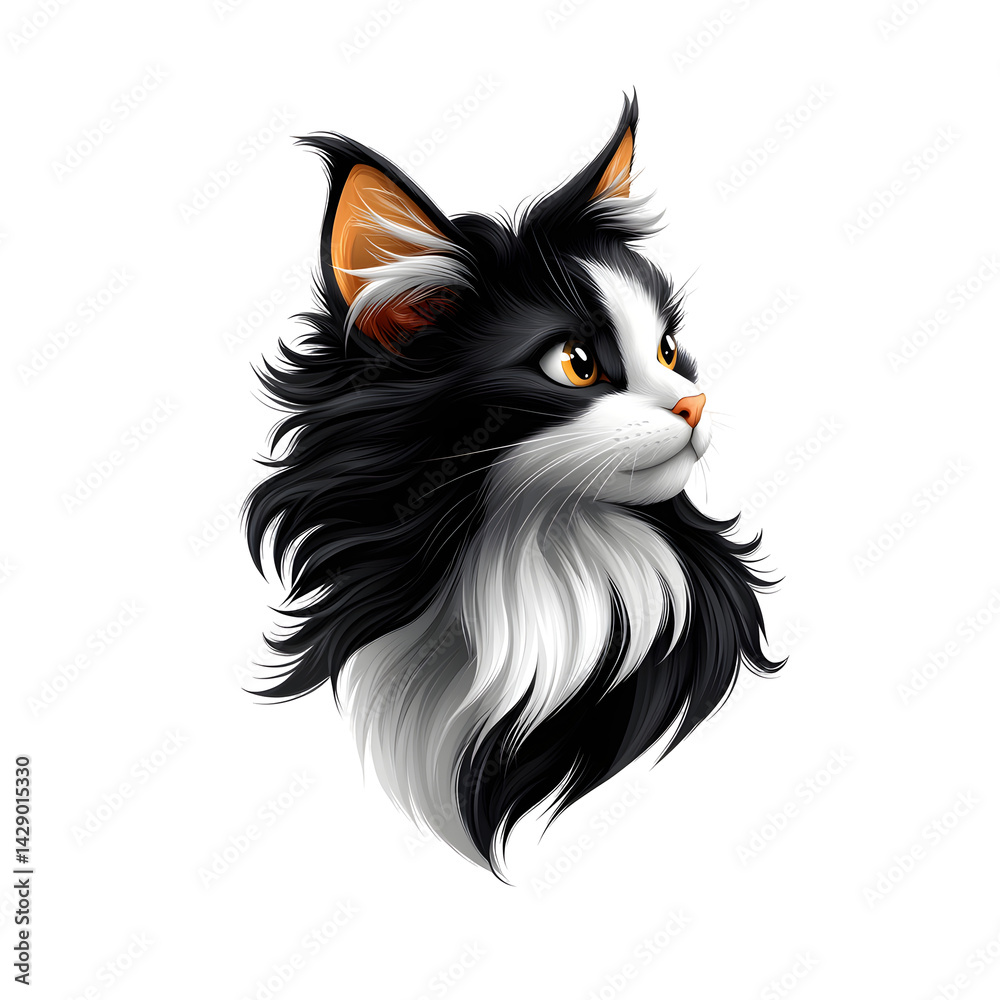 Fototapeta premium Close up portrait of a fluffy long haired domestic cat with striking black and white fur large eyes and pointed ears