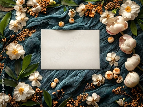 Obraz na płótnie A blank white gift card surrounded by festive Vesak and flowers w salonie
