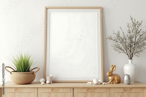 Minimalist Easter Decor with Blank Frame Mockup on Wooden Cabinet in Bright Interior Setting