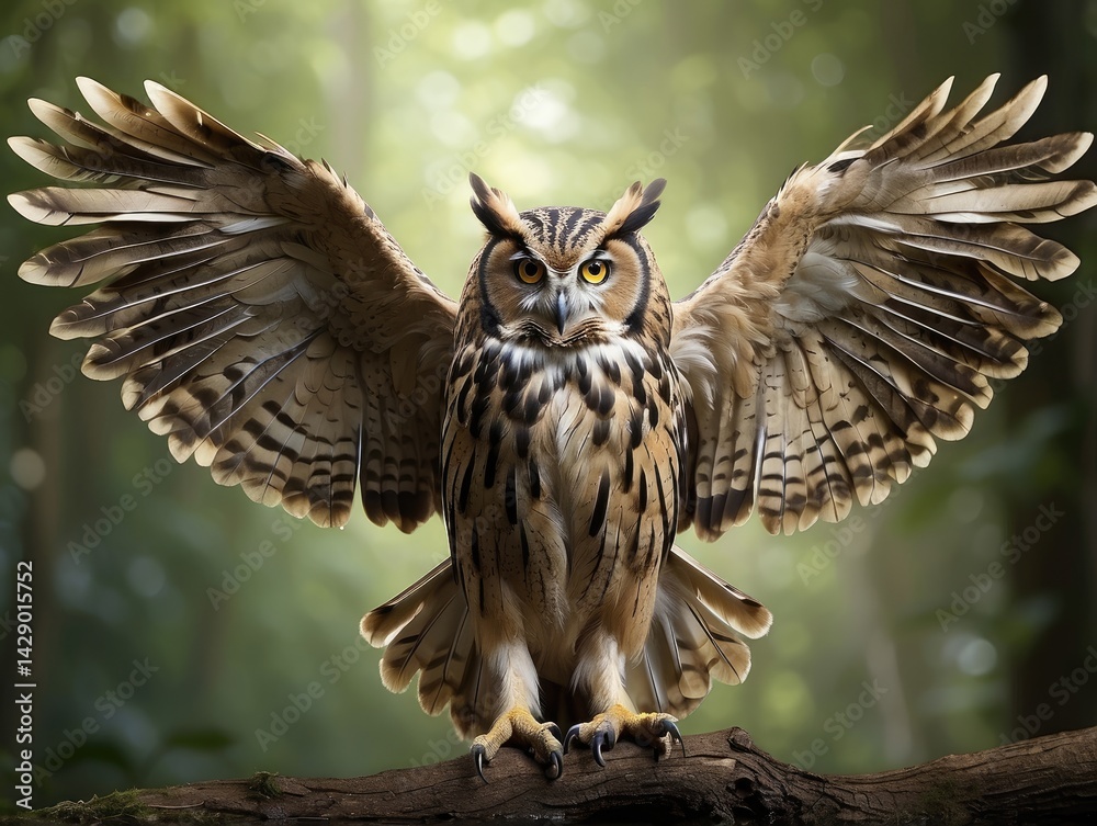 Fototapeta premium A Regal Owl in Flight, Its Eyes Fixed and Talons Outstretched