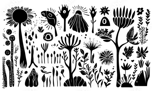 Set of black and white vector surreal contemporary minimal linocut style nature. Hand drawing minimal symbols and nature.
