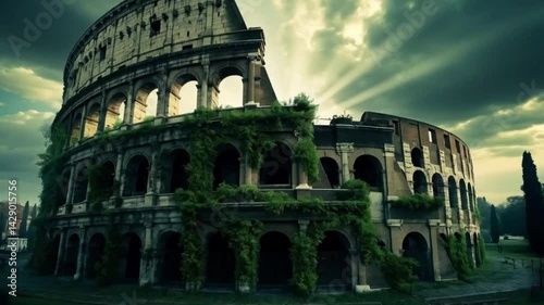 The Roman Colosseum is a huge ancient building with vines growing on it. Smooth repeating motion for background video animation.
