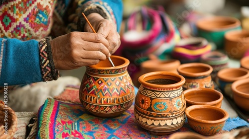 Andean artisan hand-painting pottery, market stall