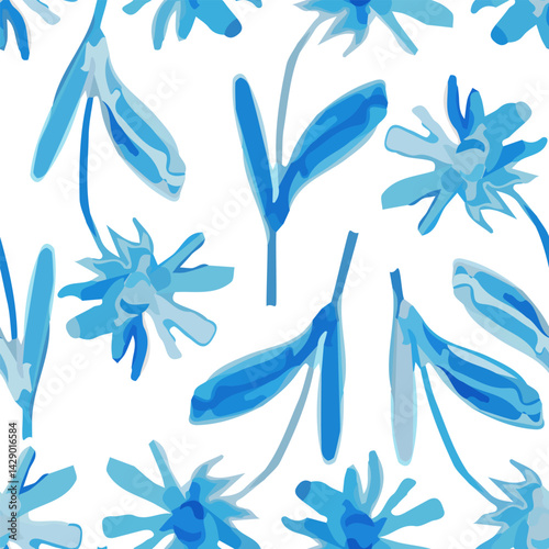 Seamless Blue Wildflowers Pattern in Hand Drawn Style