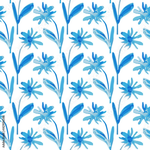 Seamless Blue Wildflowers Pattern in Hand Drawn Style