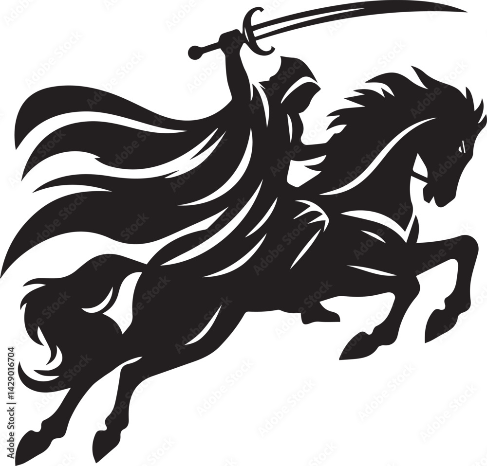 Fototapeta premium Silhouette of Medieval Warrior on Horse with Sword – Vector Art