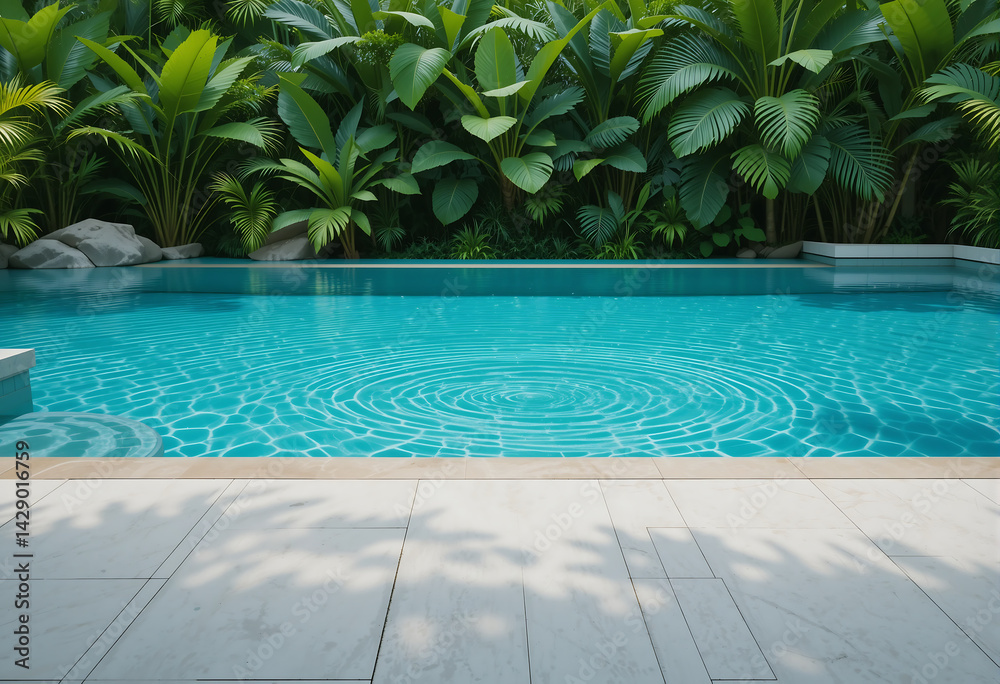 Fototapeta premium Tranquil swimming pool surrounded by lush greenery during a sunny afternoon in a tropical paradise