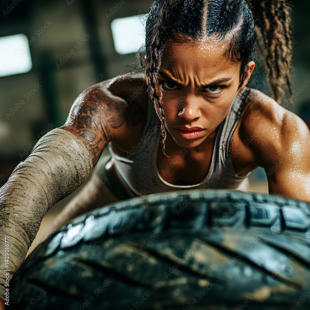 Woman captured in mid-action pulling large tire during outdoor workout, her face showing grit determination as she channels strength and power in intense moment of athletic training.