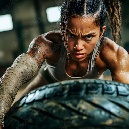 Obraz na płótnie Woman captured in mid-action pulling large tire during outdoor workout, her face showing grit determination as she channels strength and power in intense moment of athletic training. w salonie