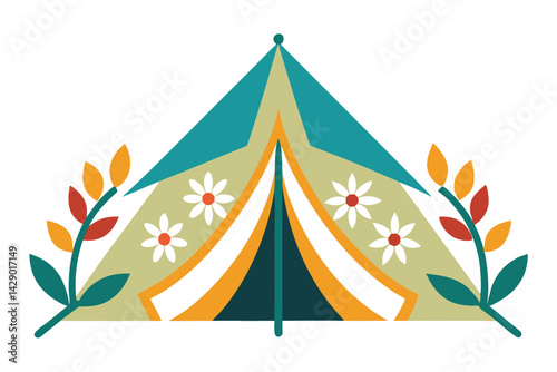 Stylized tent illustration surrounded by floral elements in a vintage style