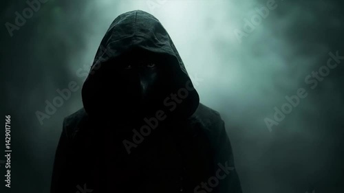 A person wearing a hoodie and standing in front of a dark background. Smooth repeating motion for background video animation
