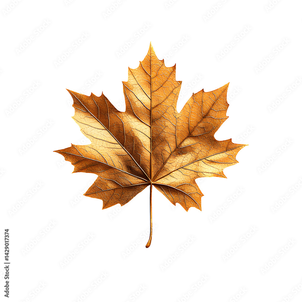 Fototapeta premium Beautifully detailed golden autumn maple leaf with intricate natural patterns and textures set against a simple clean background for a serene contemplative feel