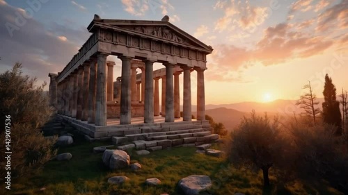 The sun sets behind the pillars of a large building. Smooth repeating motion for background video animation.