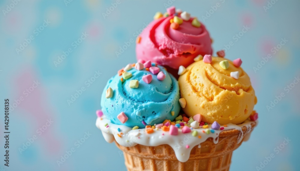 A colorful ice cream cone with three scoops of different flavors, topped with sprinkles.