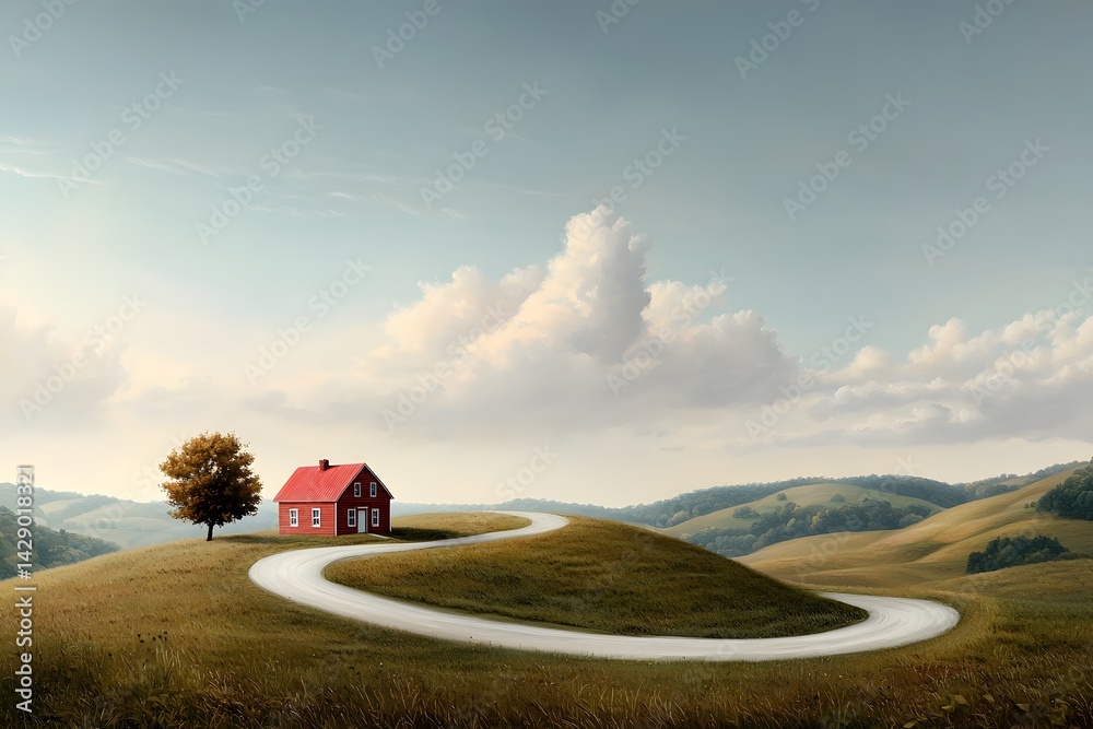 Fototapeta premium A serene impressionist inspired landscape depicts a quaint farmhouse set against the backdrop of lush rolling hills The vibrant harmonious color palette and gestural brushstrokes convey the tranquil