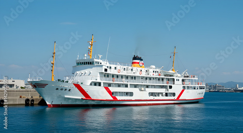 White and Red Ferry Boat in Blue Water Under Clear Sky on Bright Sunny Day photo
