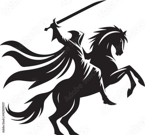 Silhouette of Medieval Warrior on Horse with Sword – Vector Art	
