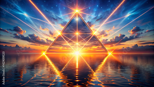 Surreal pyramid, cosmic sunset, ocean reflection, vibrant sky, radiant beams, geometric symmetry, ethereal landscape, golden light, mystical atmosphere, dreamlike composition, digital art, 
