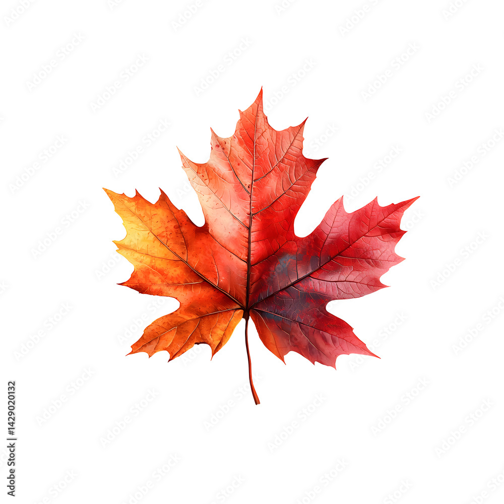 Fototapeta premium Close up of a beautifully colored autumn maple leaf with a gradient of vivid red and orange tones