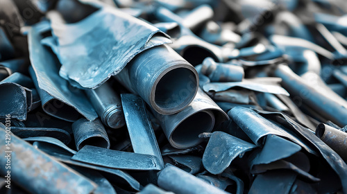 Pile of scrap lead, including rolled sheets, flattened tubes, and industrial offcuts. Concept of recycling, raw materials, heavy metals, environmental impact, and manufacturing waste