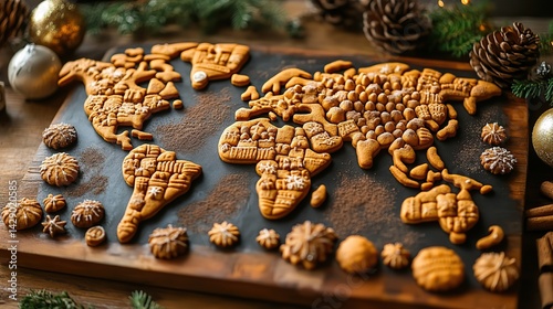 festive map of the world made from deliciously baked gingerbread cookies