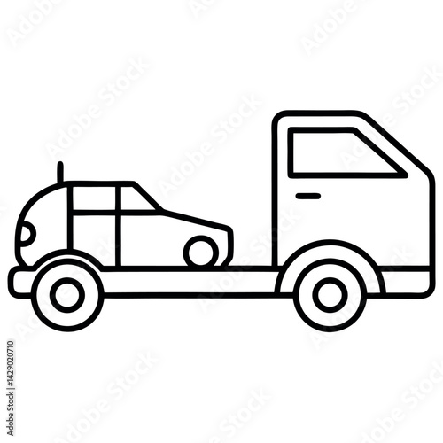 Line Art Icon of a Tow Truck with Car Being Towed – Clean Vector on White Background