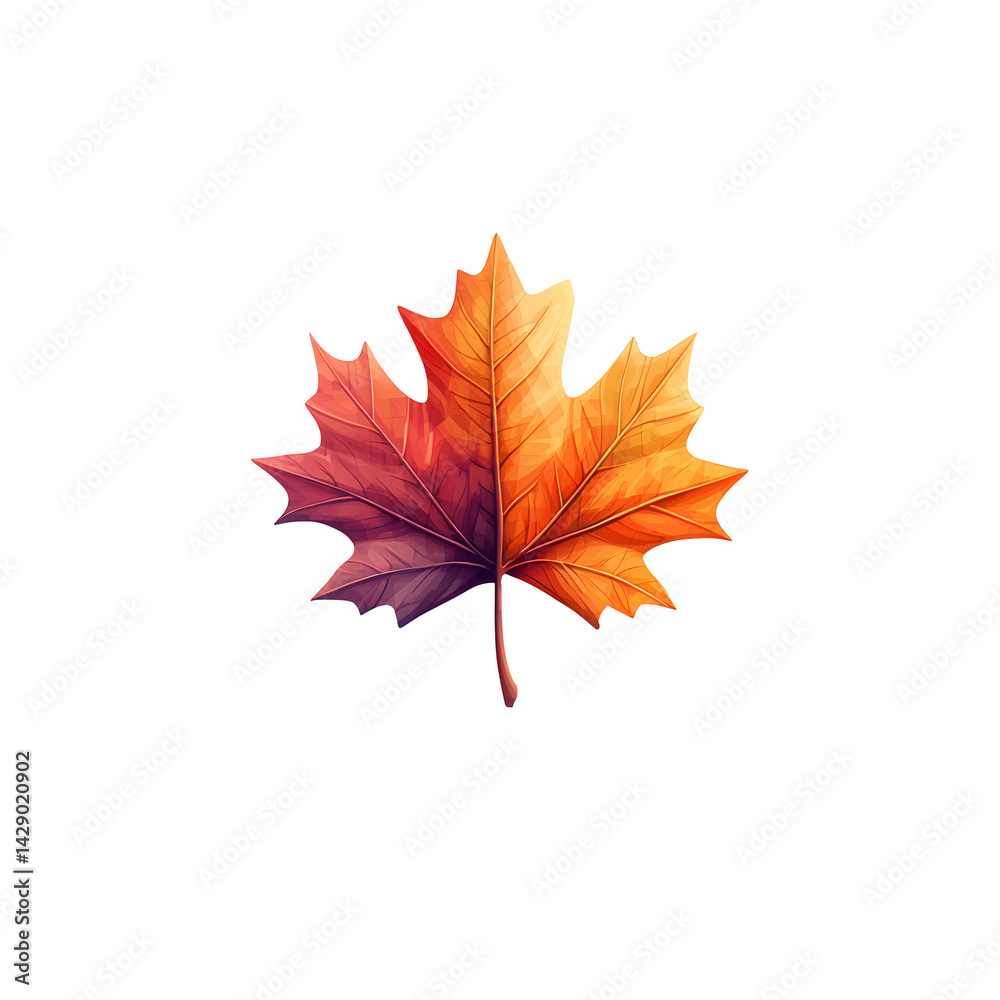 Fototapeta premium A close up image of a single maple leaf displaying the vivid warm colors of the autumn season against a clean white background