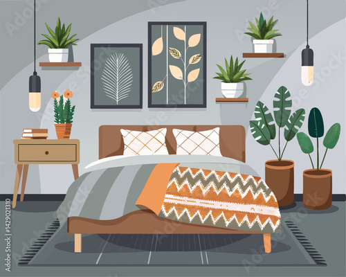 Modern Bohemian Bedroom Decor with Plants and Geometric Patterned Blanket