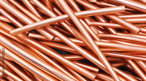 Pile of copper scrap, pipes cut into various lengths, raw materials, metal recycling, construction supplies, industrial resources, ideal for metallurgy, plumbing, manufacturing, industry