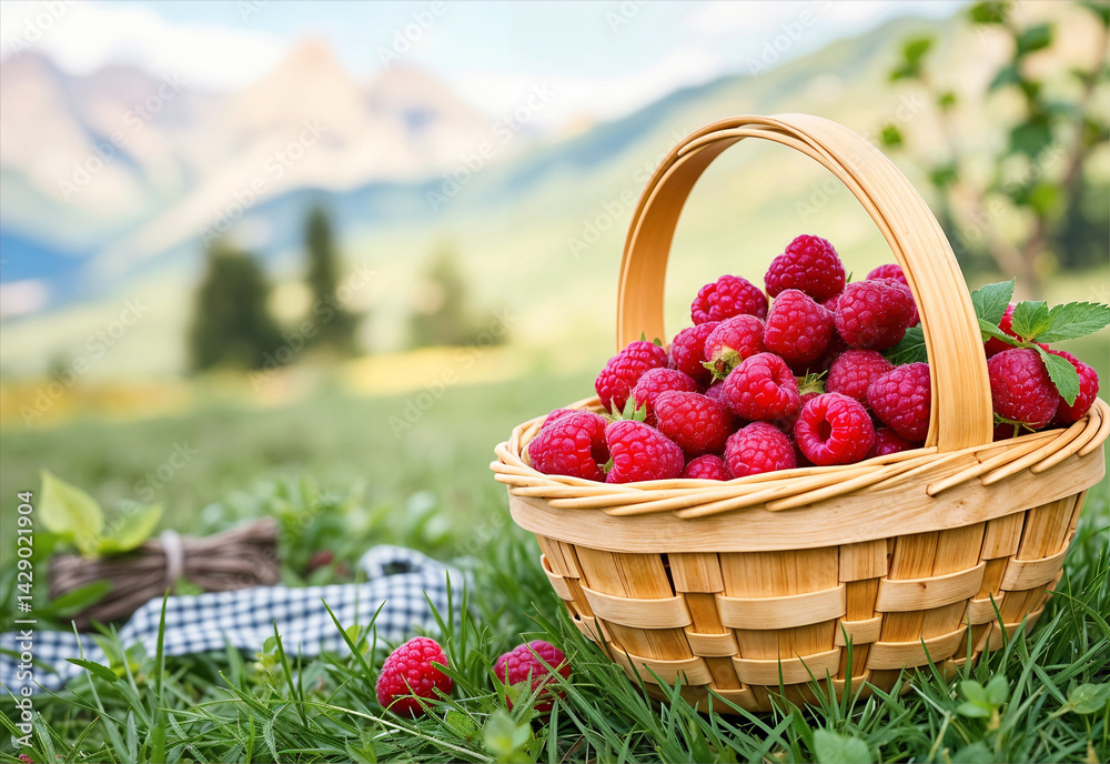 Wicker basket of ripe raspberries on grass with herbs and mountain view in sunlight Wicker basket of ripe raspberries on grass with herbs and mountain view in sunlight