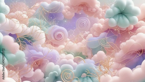 Dreamy pastel color clouds and flowers with gold lines, fantasy background with cotton candy effect and soft tones