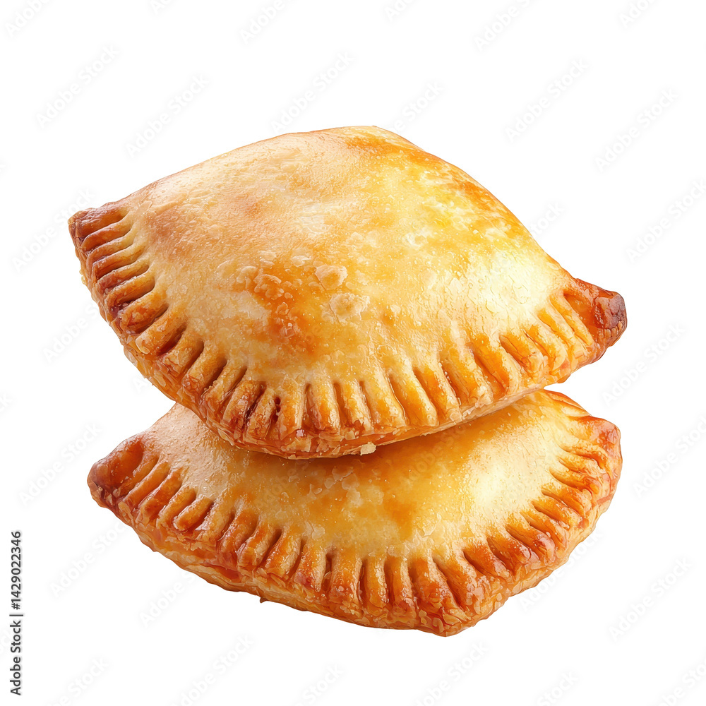 Two golden baked meat pies with crimped edges and a slightly flaky, crispy crust stacked on each other, prepared as savory snack or meal option, on transparent background Two golden baked meat pies with crimped edges and a slightly flaky, crispy crust stacked on each other, prepared as savory snack or meal option, on transparent background