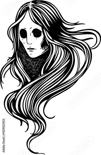 Vintage ghost woman portrait. Gothic tattoo design. Halloween hand-drawn vector illustration. Witch drawing. NOT AI generated