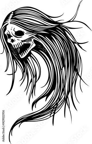 Vintage ghost woman portrait. Gothic tattoo design. Halloween hand-drawn vector illustration. Witch drawing. NOT AI generated